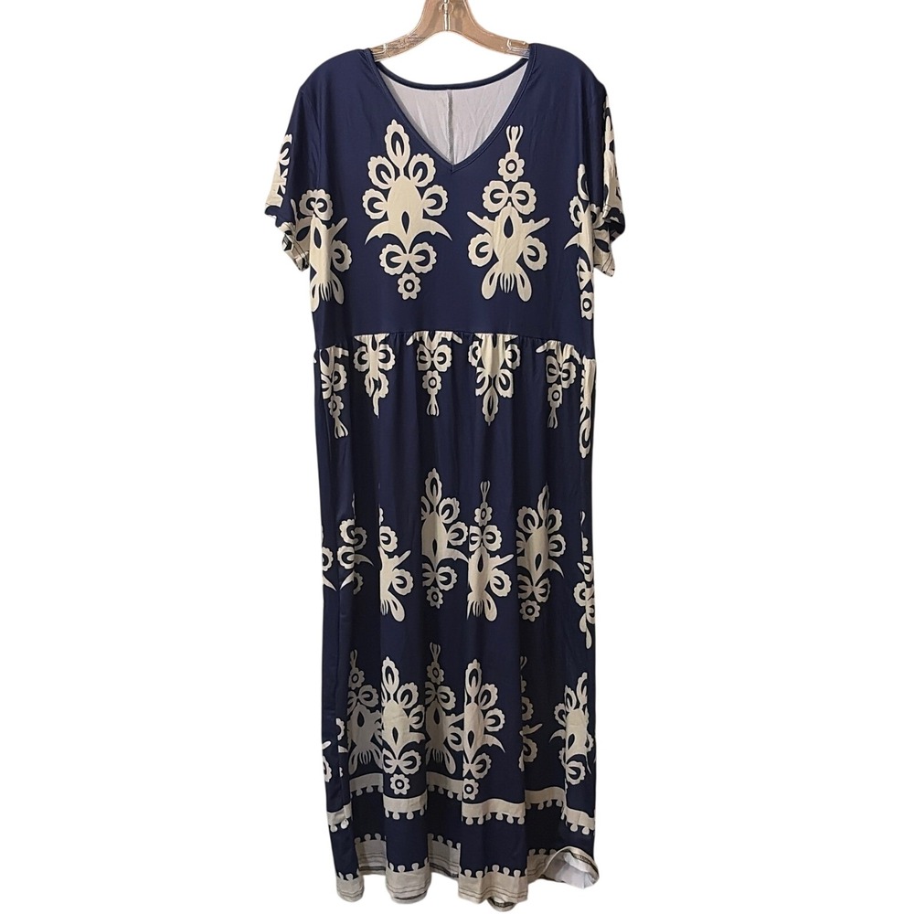 Navy Blue Cream Damask Print V-Neck Empire Waist Maxi Dress Plus Size 1XL